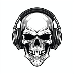 Skull with headset vector illustration. head of character in headphones black and white