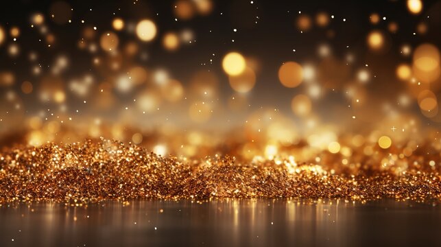 Photo of gold glitter on a black background creating a mesmerising and sparkling effect created with Generative AI technology