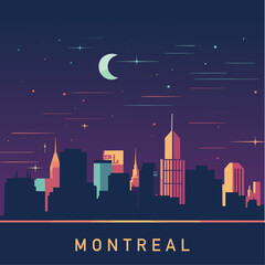 Montreal Canada cityscape, skyline at night. Panorama vector poster with city landmarks, skyscrapers, towers, real estate with abstract silhouettes   - obrazy, fototapety, plakaty