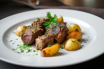 A delicious meal with seasoned meat and roasted potatoes, garnished with a fragrant herb, served on a clean white plate. Generative AI
