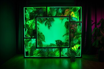 Fashionable backdrop. Leafy greens bordered by a neon square. Generative AI