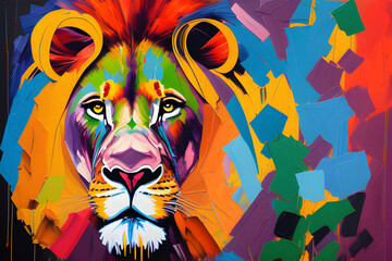 Colorful lion head in pop art style.