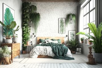 Tropical-themed bedroom. Brick and wood. Generative AI