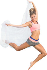 Digital png photo of happy gymnast jumping with veil on transparent background