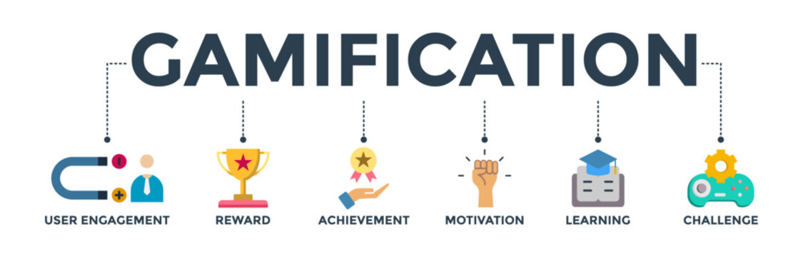 Gamification banner web icon vector illustration concept with icon of user engagement, reward, achievement, motivation, learning, and challenge