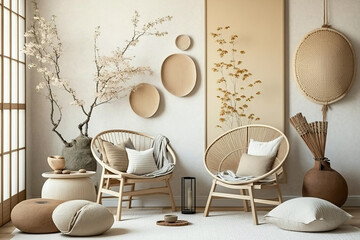 Japanese home interior design in white and beige, wabi sabi living room, wall mockup, rattan hanging chairs with decors, illustration. Generative AI