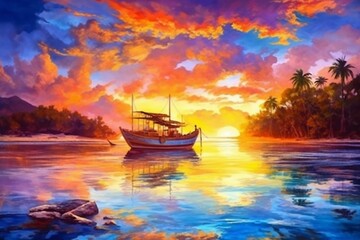 Oil painting on canvas, Togian Islands Indonesia sunset over Caribbean Sea, dramatic sky, traditional boat floating in the Togean Islands, Sulawesi, travel destination in Indonesia. Generative AI