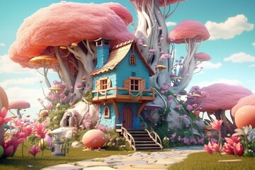 Fairyland-like house amidst whimsical plants and trees. Cozy and pastel-colored. 3D art. Generative AI - obrazy, fototapety, plakaty