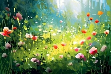 background with blossoming flowers and lush green meadow. Generative AI - obrazy, fototapety, plakaty