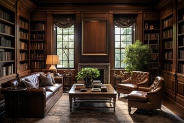 Plan a traditional library with rich wood paneling and classic furniture