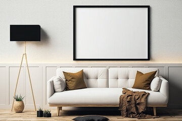 Mockup of a frame Interior wall mockup for the living room. Illustration, wall art. Generative AI