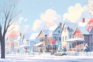 Beginning of winter solar term, illustration of snowy scene on city streets and houses