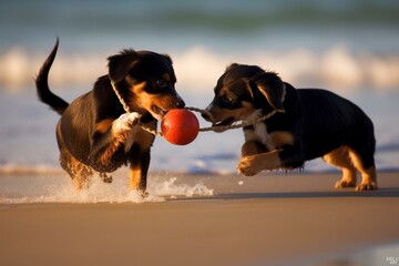 Two dogs play tug of war on beach with ball toy. Generative AI - obrazy, fototapety, plakaty