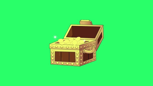 Animation gold treasure box on green background.