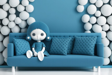 An exquisite child's room with fake walls and a blue sofa with a doll and adorable pillows. Generative AI