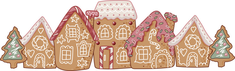 Design element with gingerbread houses. Vector illustration.