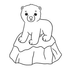 Cute baby bear on ice floe. Cartoon hand drawn vector outline illustration for coloring book. Line animal isolated on white