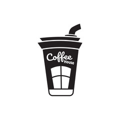Coffee House hand drawn logo with black and white color fill, emblem. Vector illustration. Suitable for coffee cafe business