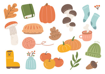 Printset of autumn doodle object in flat style illustration