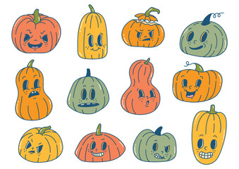 set of cartoon Halloween pumpkin doodle in various expression