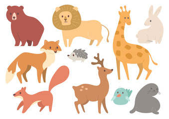 Set of cartoon animals in flat style illustration