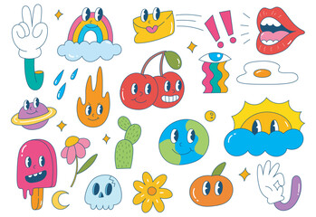 set of retro style cartoon decorative sticker  - 663086276