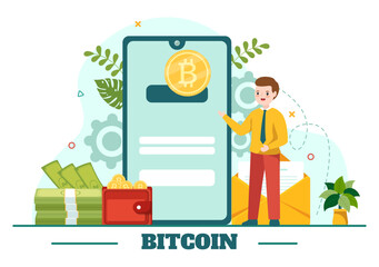Bitcoin Vector Illustration with Cryptocurrency Coins of Blockchain Technology, Buy or Sell Trading, Crypto Market Exchange Value in Flat Background