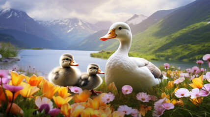 Obraz premium Mother duck with chicks in the mountains