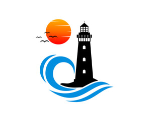 Lighthouse and blue sea wave vector logo