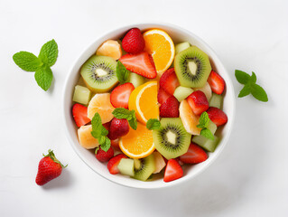 Fresh fruit salad in a bowl, top view, close-up
