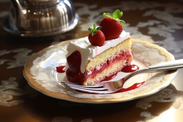 Strawberry-topped cake on plate with spoon and strawberry. Generative AI