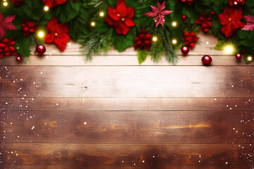 Christmas flowers decorate a wooden table. Generative AI