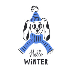 Hello winter dog. Seasonal greeting card, poster with a dog in hat and scarf. Funny childish vector illustration in doodle style.