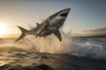 Fototapeta premium A great white shark leaping out of the ocean creates a thrilling image of danger and aggression. This action shot in blue tones is perfect for adventure and surfing themes. AI Generative.