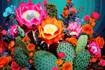  Closeup collage of Illustrated cactus and flowers and  in a vibrant flora garden"