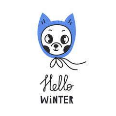 Hello winter lettering with cute Chihuahua dog. Funny cartoon puppy in a hat. Seasonal greeting card, poster with handwritten lettering. Vector illustration in doodle style