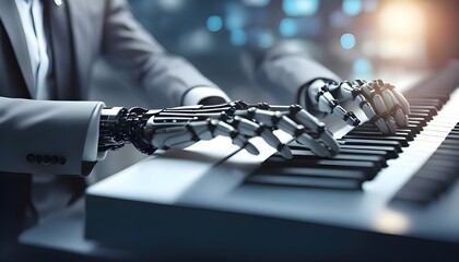 Robot AI hand typing and working with computer keyboard business concept