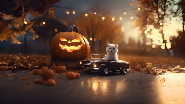 Cute IA-cat drving a car in halloween