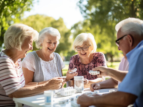 A Photo of a Group of Seniors Comparing Medications During a Park Outing