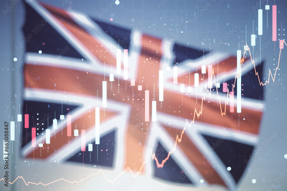 Poster multi exposure of virtual abstract financial graph interface on british flag and sunset sky backgrou