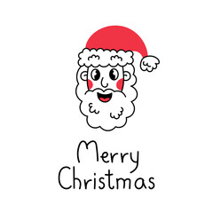 Merry Christmas card with Santa Claus. Funny doodle style holiday greeting card with handwritten text and happy smiling Santa portrait. Vector illustration. 