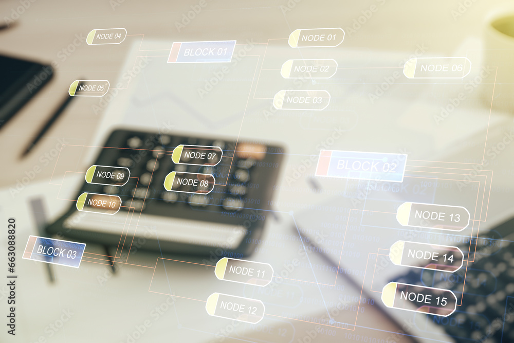 Poster double exposure of abstract creative programming illustration on calculator and pc background, big d