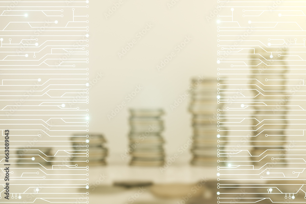 Poster double exposure of abstract virtual circuit hologram on growing stacks of coins background. research