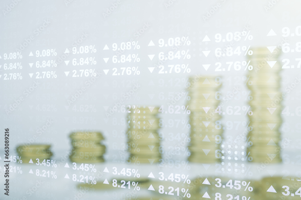Poster multi exposure of abstract statistics data hologram interface on growing coins stacks background, co