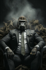 Portrait of a Successful Business Gorilla Businessman with Suit and Tie building Wealth Money Fortune