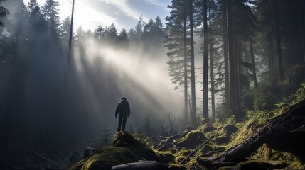 people walking in the mistty morning pine forest with ray of light sun light AI Generated illustration image 16:9 - obrazy, fototapety, plakaty