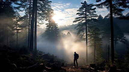 people walking in the mistty morning pine forest with ray of light sun light AI Generated illustration image 16:9