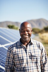 Smiling mature man standing on road by solar panel