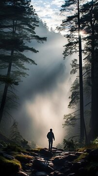 people walking in the mistty morning pine forest with ray of light sun light AI Generated illustration image 9:16