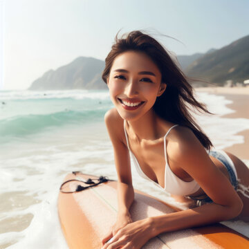 Happy woman enjoying summer surfing adventure on the beach